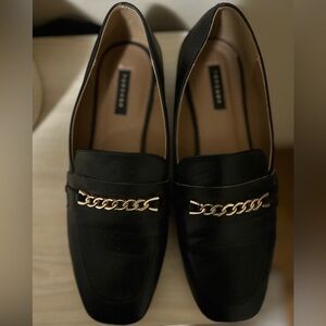 Topshop Black Loafers with Gold Chain Detail